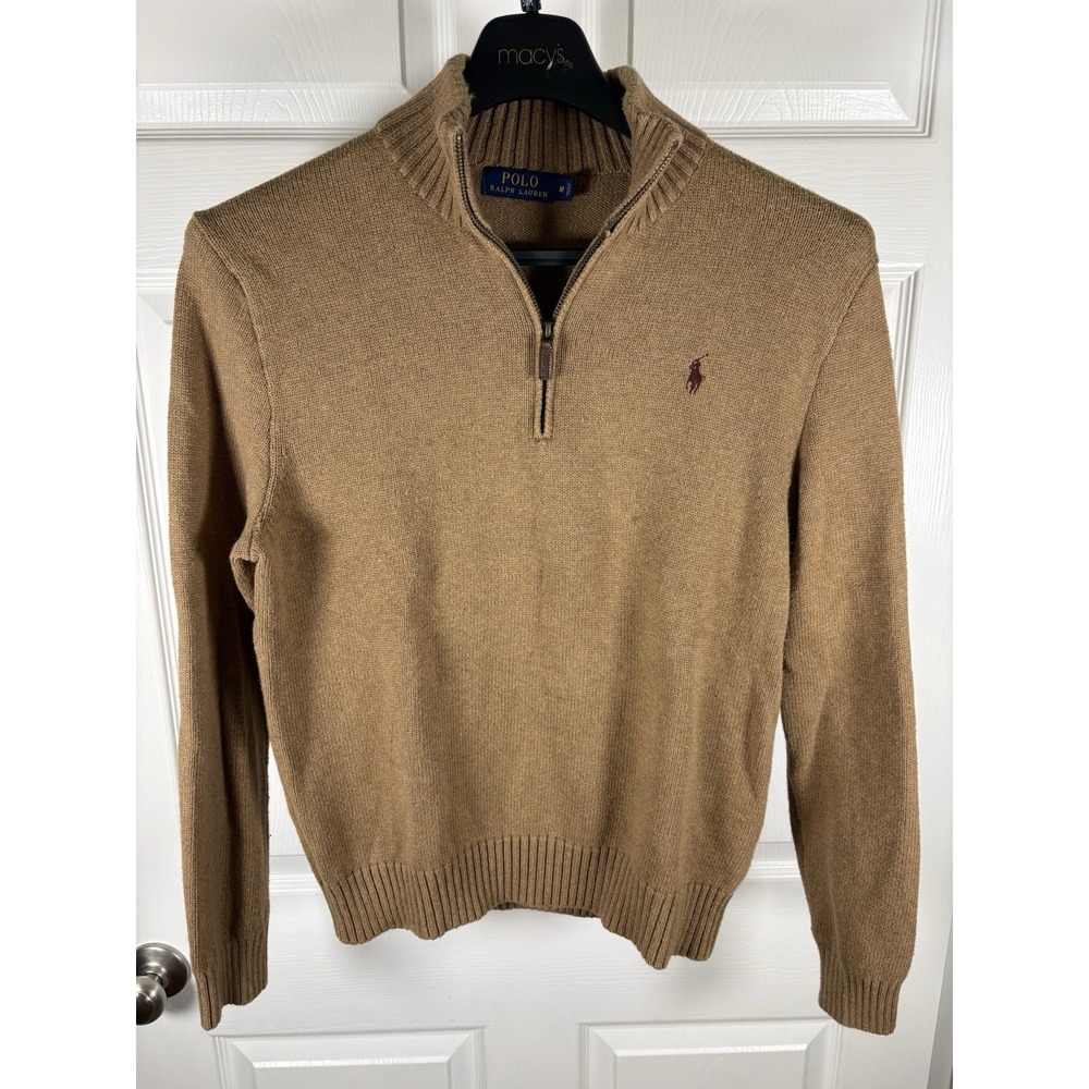 Vintage Polo Ralph Lauren 1/4 Zip Sweater Mens M Camel Brown Knit Pullover
